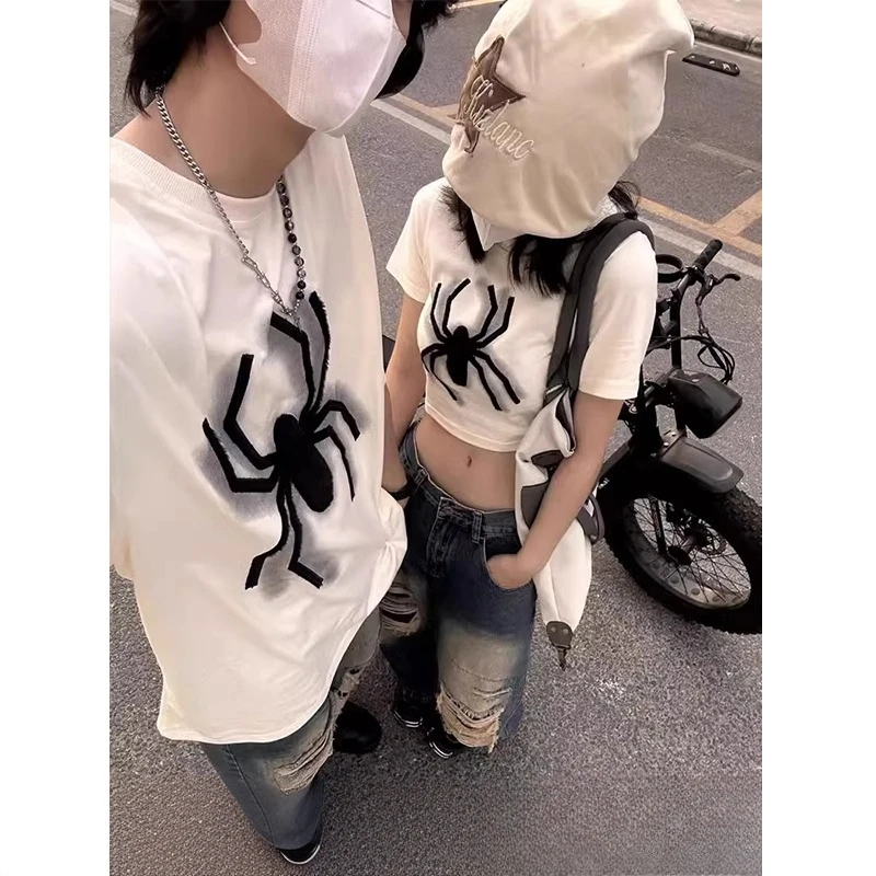 美式复古蜘蛛印花短袖t恤男夏季设计感小众oversize宽松情侣半袖