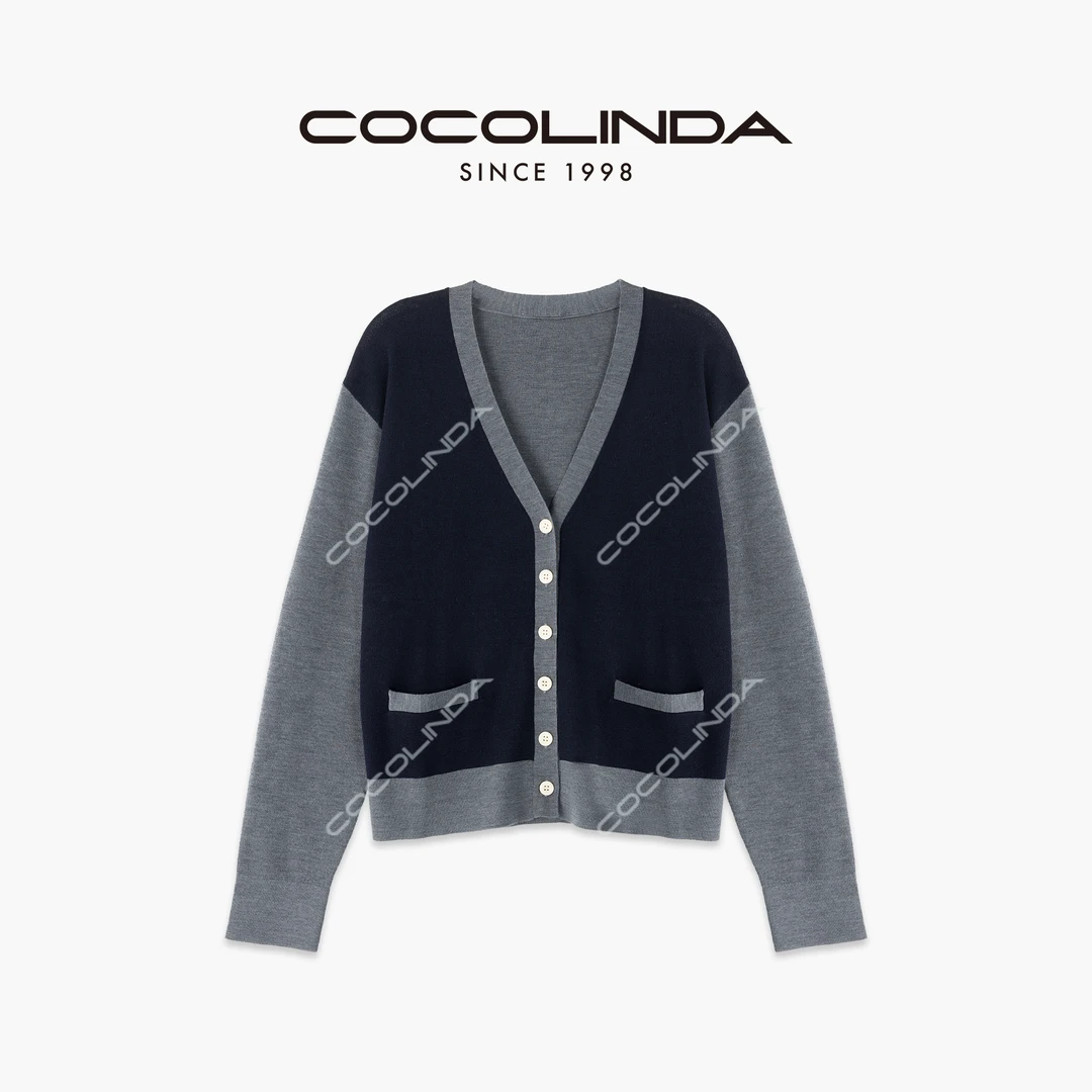 COCOLINDA | 100羊毛16针工艺 V领拼接长袖羊毛开衫 S2333