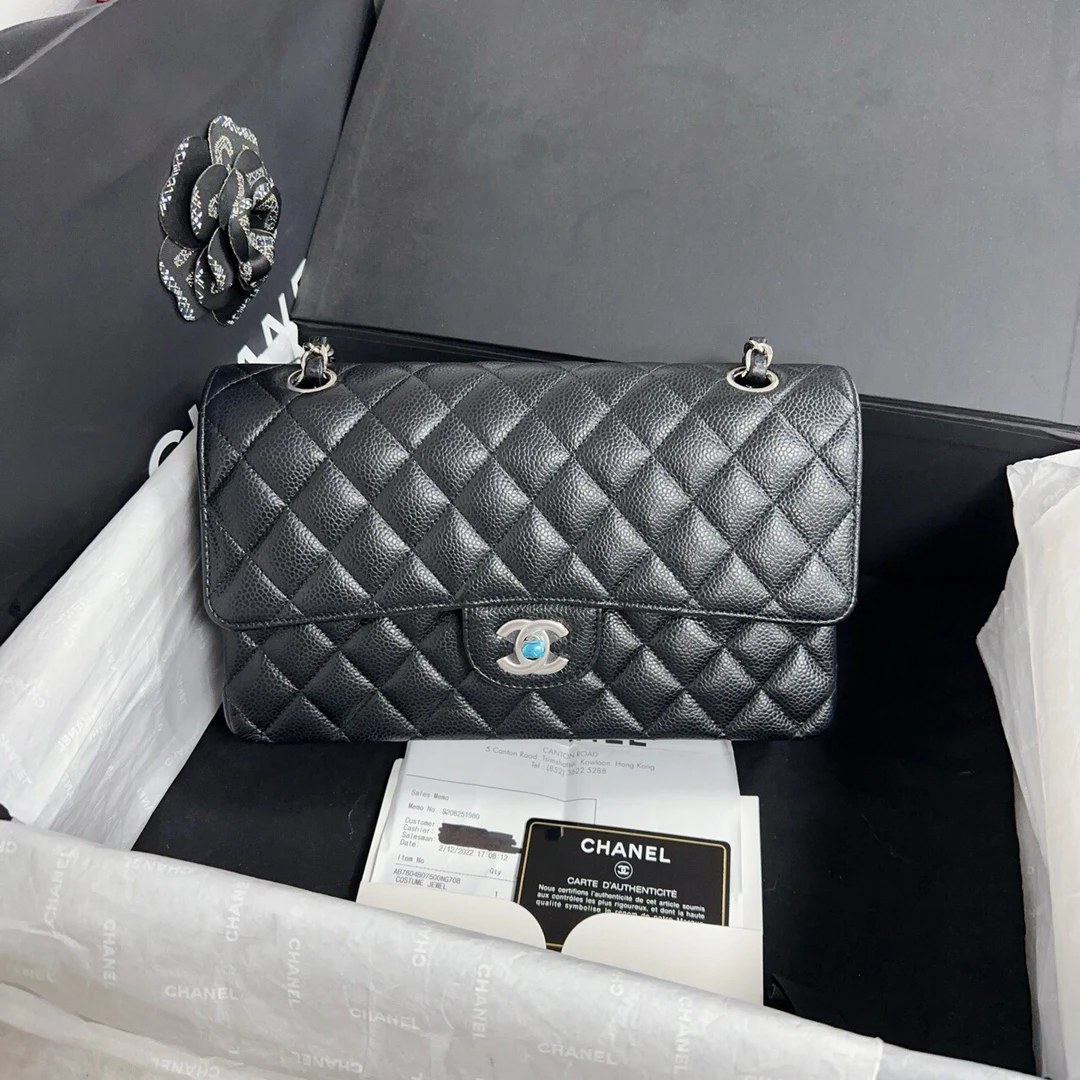 99新 Chanel/香奈儿 cf中号 黑银荔枝牛 4190