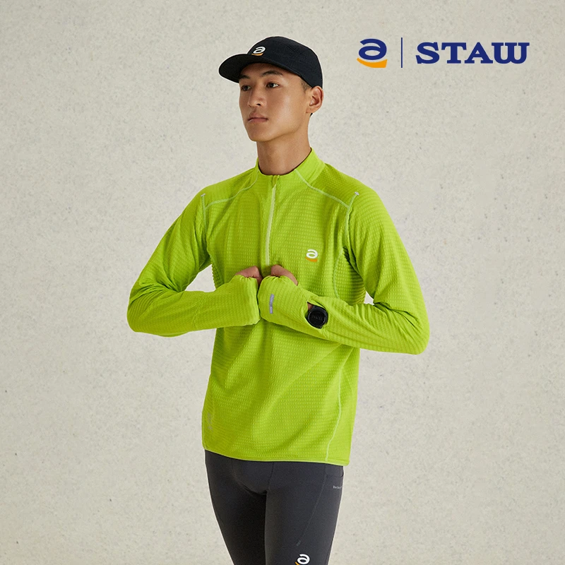 STAW10度加绒立领跑步长袖速干3A抗菌户外运动保暖T恤男抓绒上衣