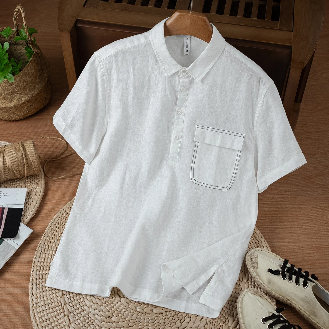 ICCLEK纯亚麻短袖衬衫男士T恤上衣夏季工装透气POLO衫口袋衬衣