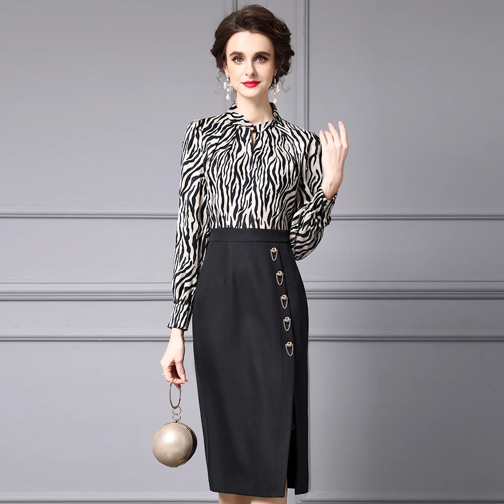 枝荔重要场合绝美连衣裙2025年新款秋装斑马纹拼接假两件包臀裙子