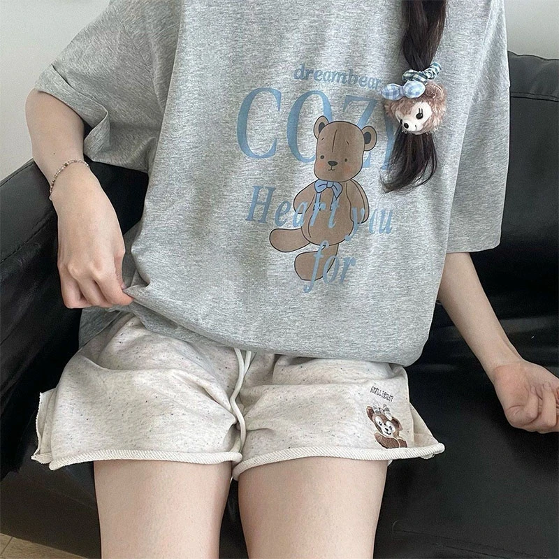 日系卡通小熊刺绣阔腿五分裤女夏季小众别致宽松显瘦彩点运动短裤