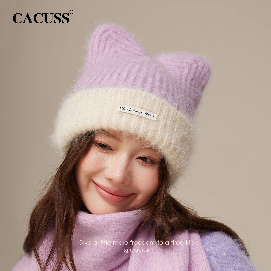 【Cacuss】帽子女秋冬可爱毛线帽大头围保暖护耳防寒毛绒针织帽