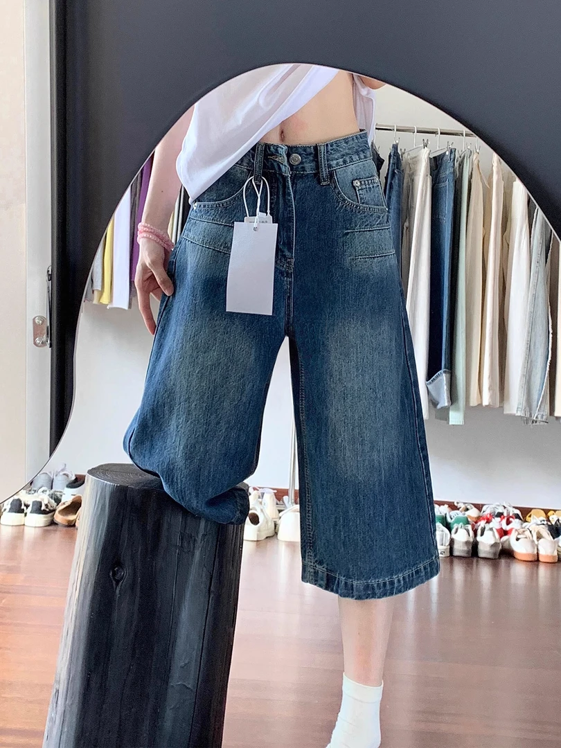 美式深蓝色七分牛仔短裤女夏季胖妹妹mm高腰宽松显瘦阔腿直筒中裤