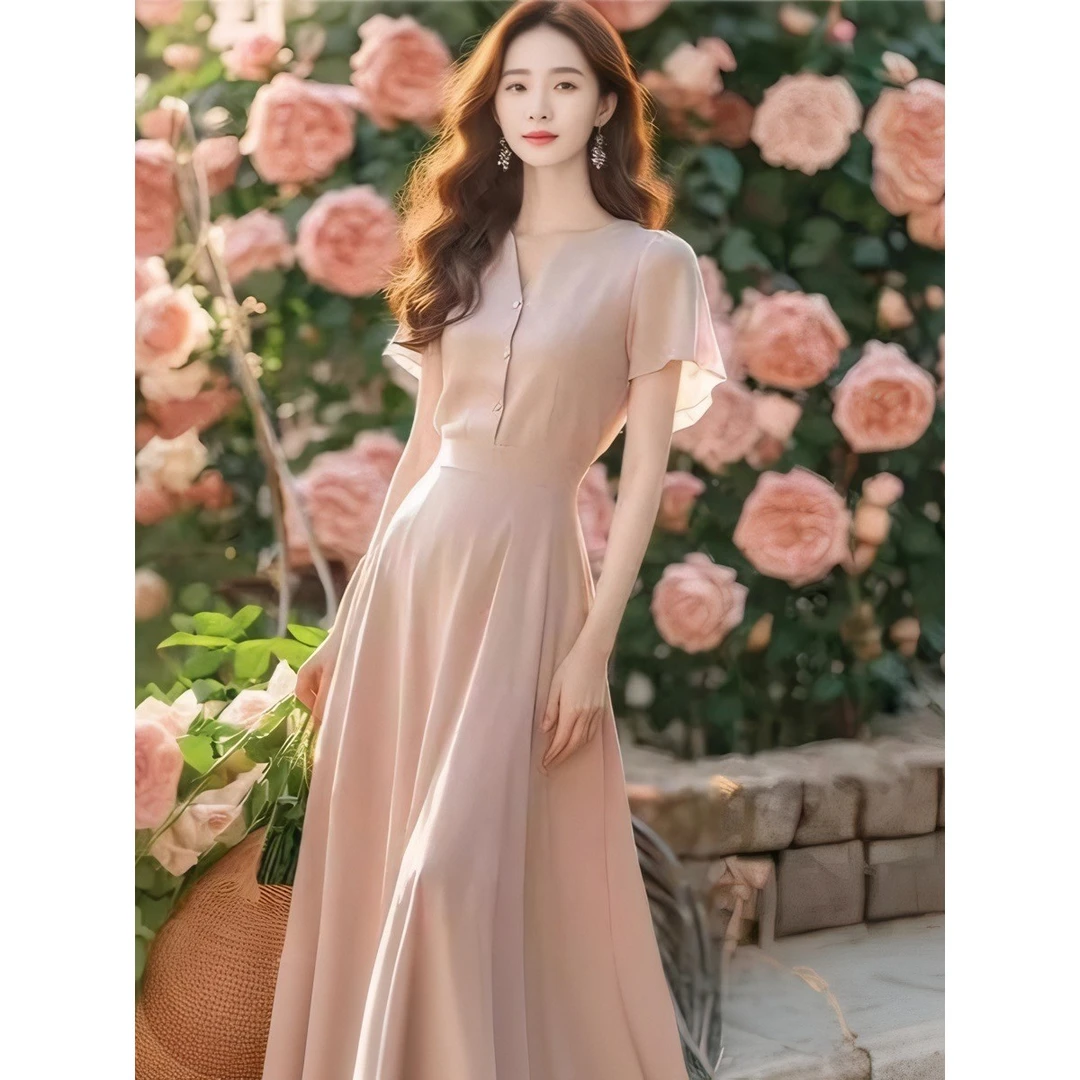 2025夏季新款气质V领长裙子女温柔法式桔梗收腰春色雪纺连衣裙女