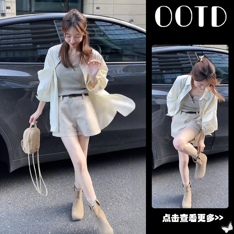 早秋穿搭一整套女2025新款韩版长袖衬衫针织背心阔腿短裤三件套