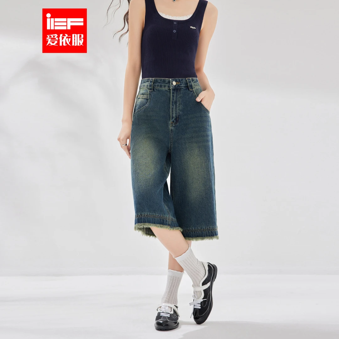 IEF/爱依服2025夏季新款港式复古休闲风通勤显瘦牛仔七分裤流光风