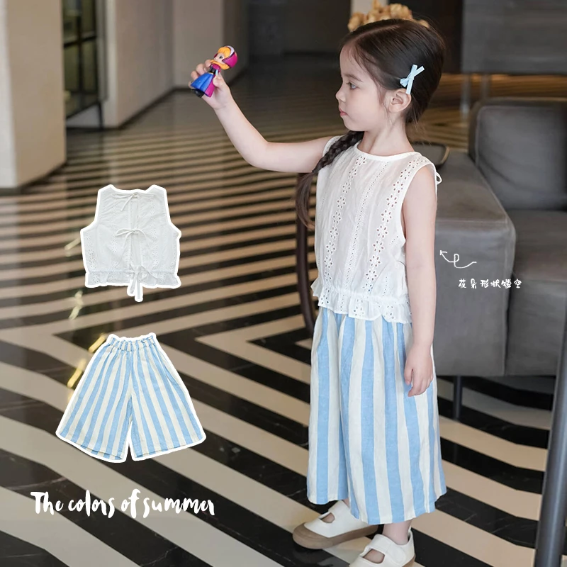 AnnieGirl夏装儿童衣服女童套装2024新款镂空背心百搭休闲两件套