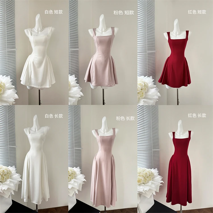 2025夏季法式千金收腰U领吊带连衣裙女气质高腰设计感显瘦a字裙女