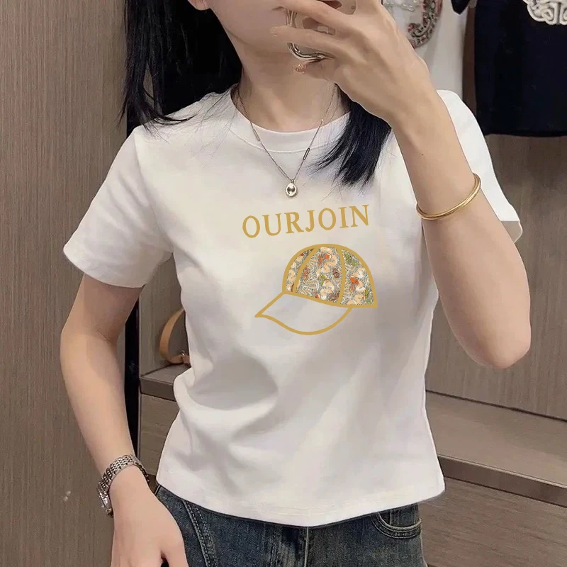 辣妹白色休闲新款夏季体恤显瘦印花短款正肩时尚短袖T恤女上衣潮