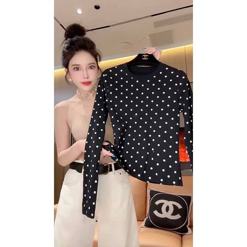 韩系波点长袖T恤女修身显瘦甜辣妹百搭正肩打底衫小众设计感圆领
