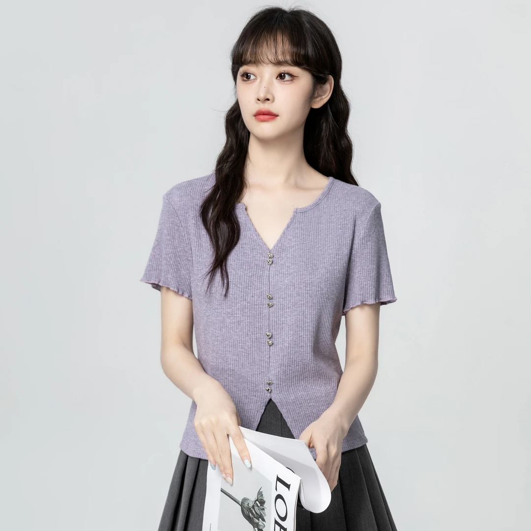 紫色V领短袖T恤女夏2025夏季新款不规则收腰开叉体恤正肩短款上衣