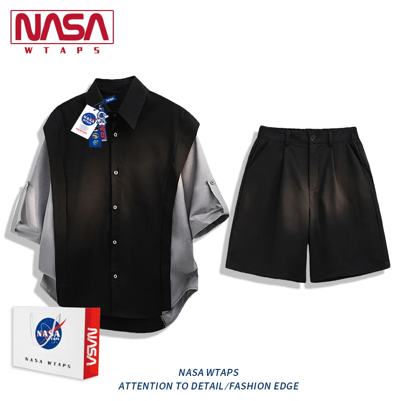NASA WTAPS假两件短袖衬衫套装男款夏季拼接撞色衬衣短裤两件套潮