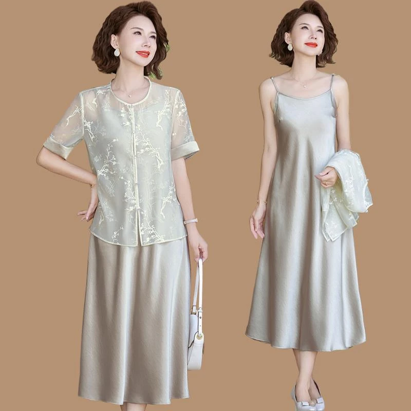 俞兆林妈妈夏装2025新款气质国风连衣裙中老年女装新中式雪纺两件