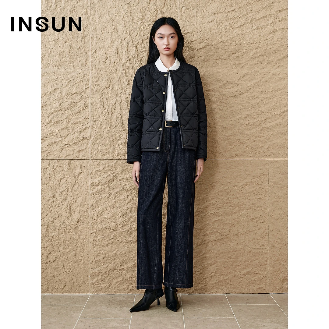 INSUN恩裳专选2025秋季新中式珠片绣双面可穿圆领短款鹅绒羽绒服