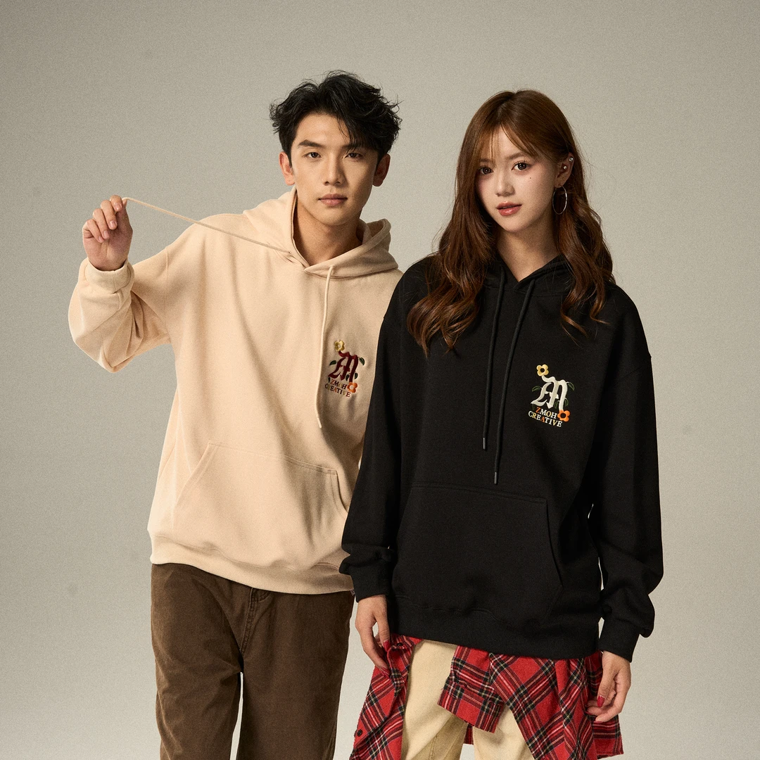 ZMOH情侣卫衣2025年秋冬新款男士透气刺绣重磅落肩美式T恤女潮流