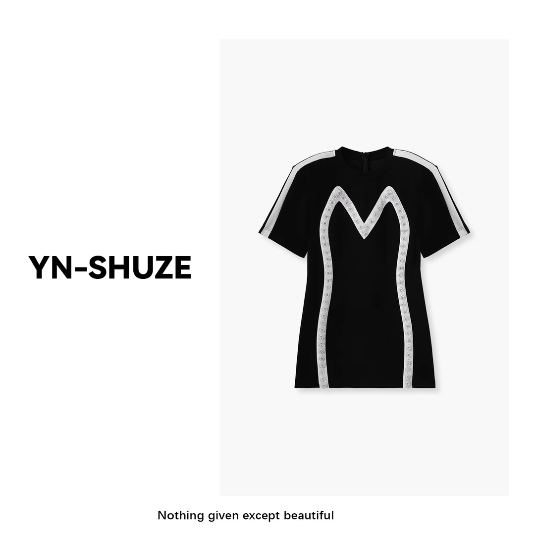YN-SHUZE【星辰之夜】设计感镶珠宽松短袖T恤连衣裙SZ-YNC-247515