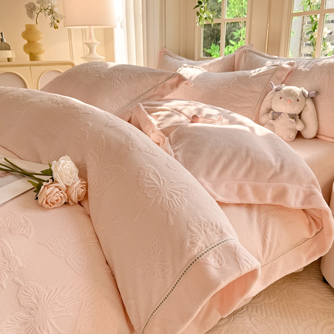 富安娜A类加厚婴儿牛奶绒四件套纯色双面短毛珊瑚绒高级感床笠款