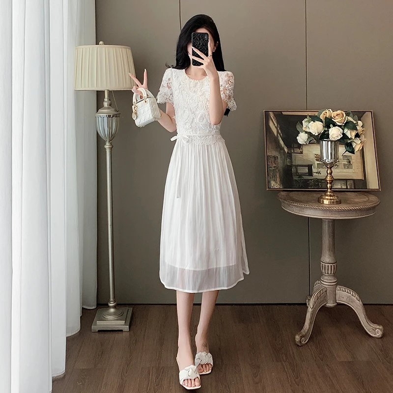 小个子网纱拼接连衣裙女夏季新款立体镂空蕾丝气质小众高腰包臀裙