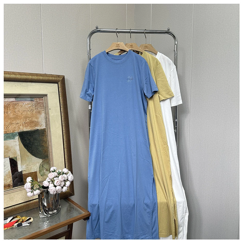 Q134 夏季新款宽松中长款圆领短袖连衣裙女