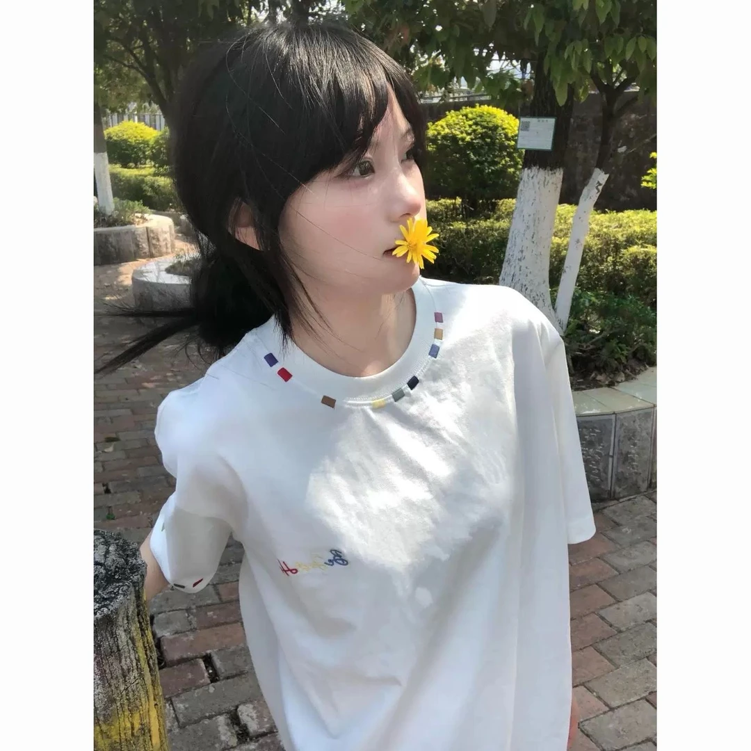 【刺绣】美式高街彩色t恤女夏季白色短袖宽松学院风情侣纯棉上衣女