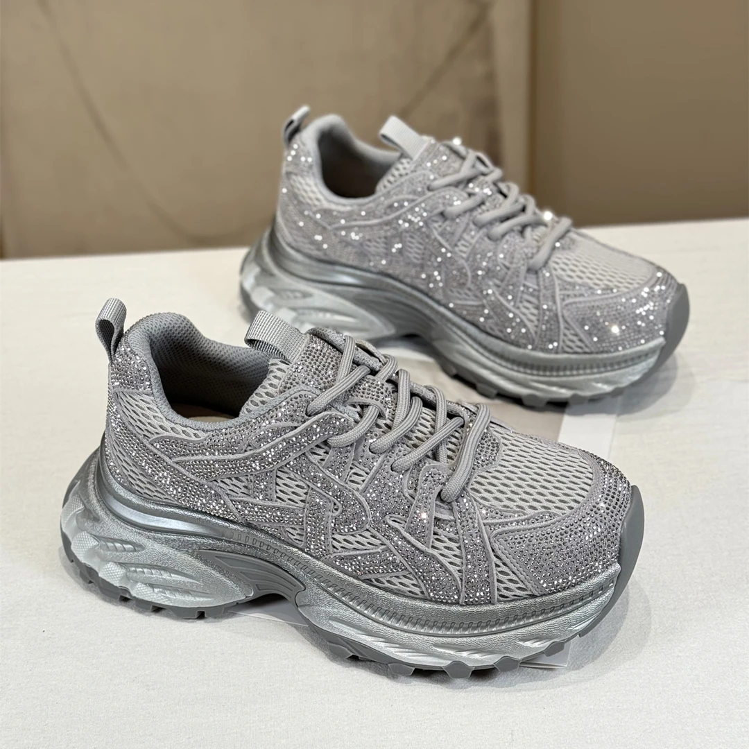 真皮港风百搭松糕老爹鞋女2025新款秋厚底增高洋气水钻运动休闲鞋