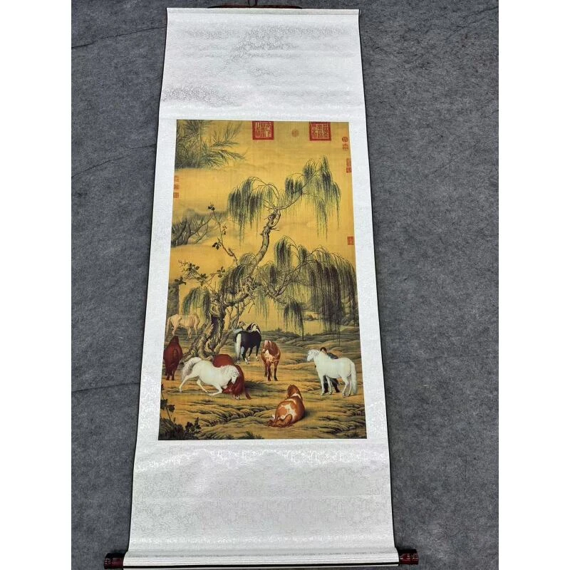清代·郎世宁 《八骏图》150*60客厅玄关高清微喷复刻手工装裱