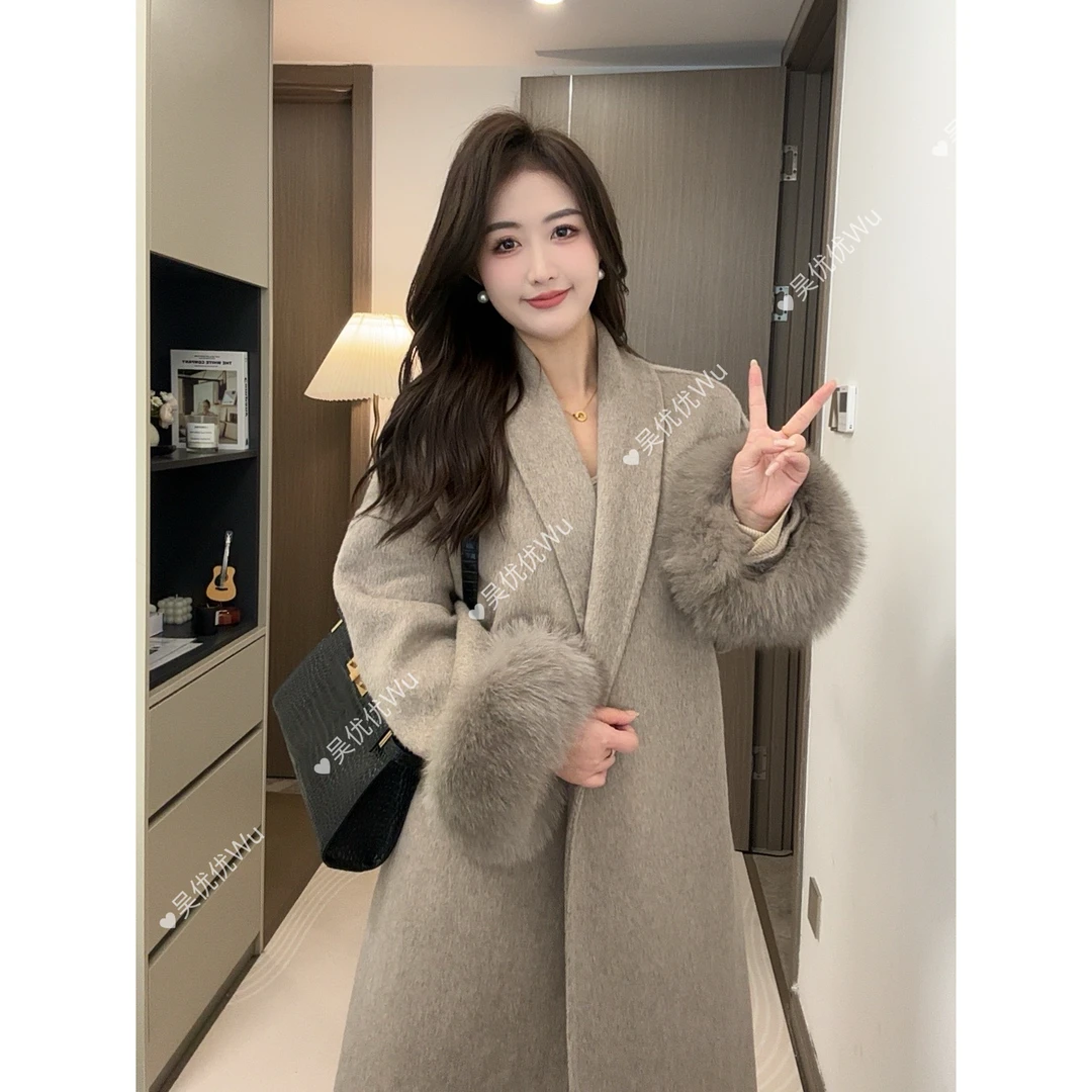 新款双面羊毛大衣狐狸毛袖浴袍长款高级感女装羊毛呢外套5268