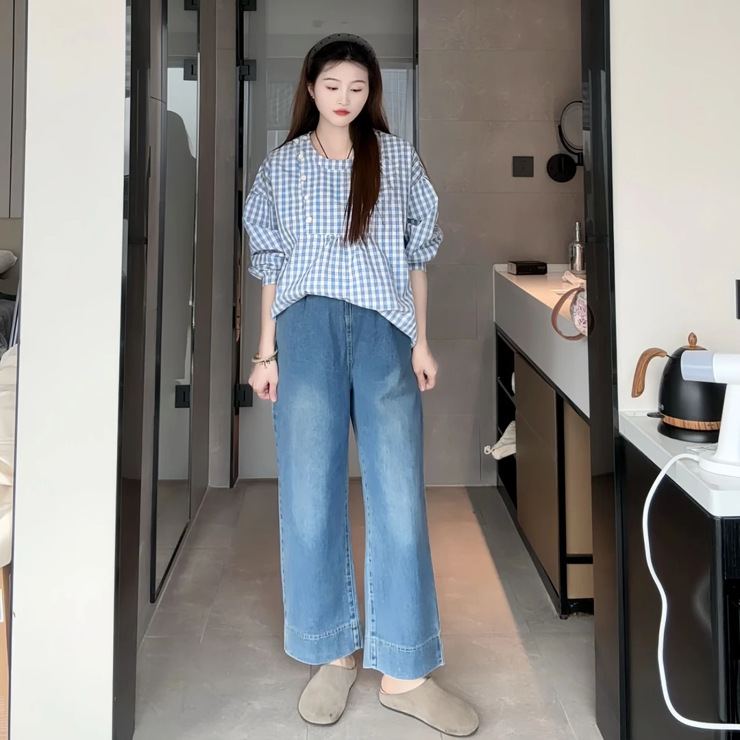 晚晚家~孕妇阔腿裤春秋外穿九分牛仔裤侧边抽绳宽松显瘦直筒长裤