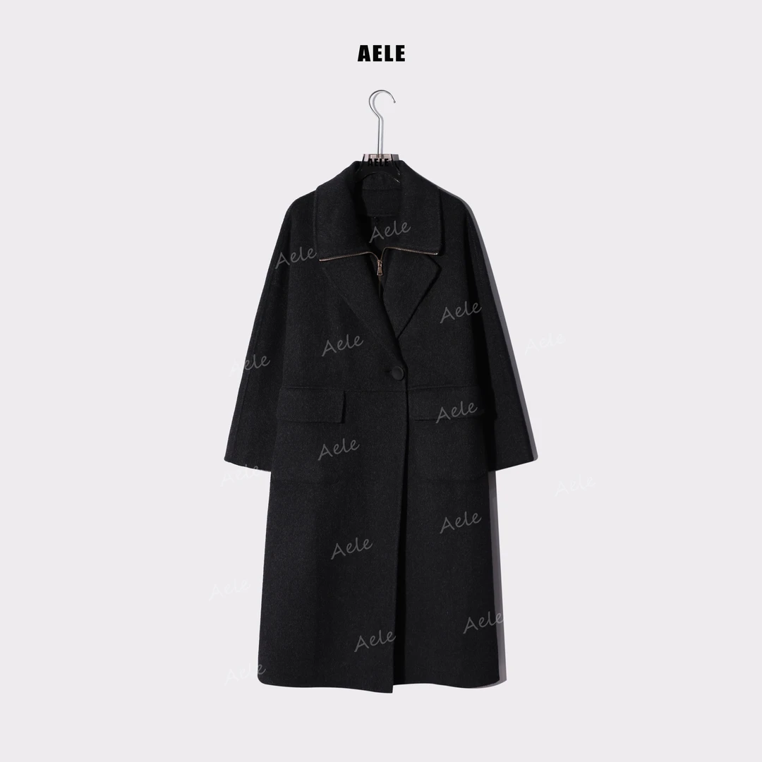 AELE秋冬厚款气质领拉链翻领双面设计师长款呢大衣 S355 6032 AD