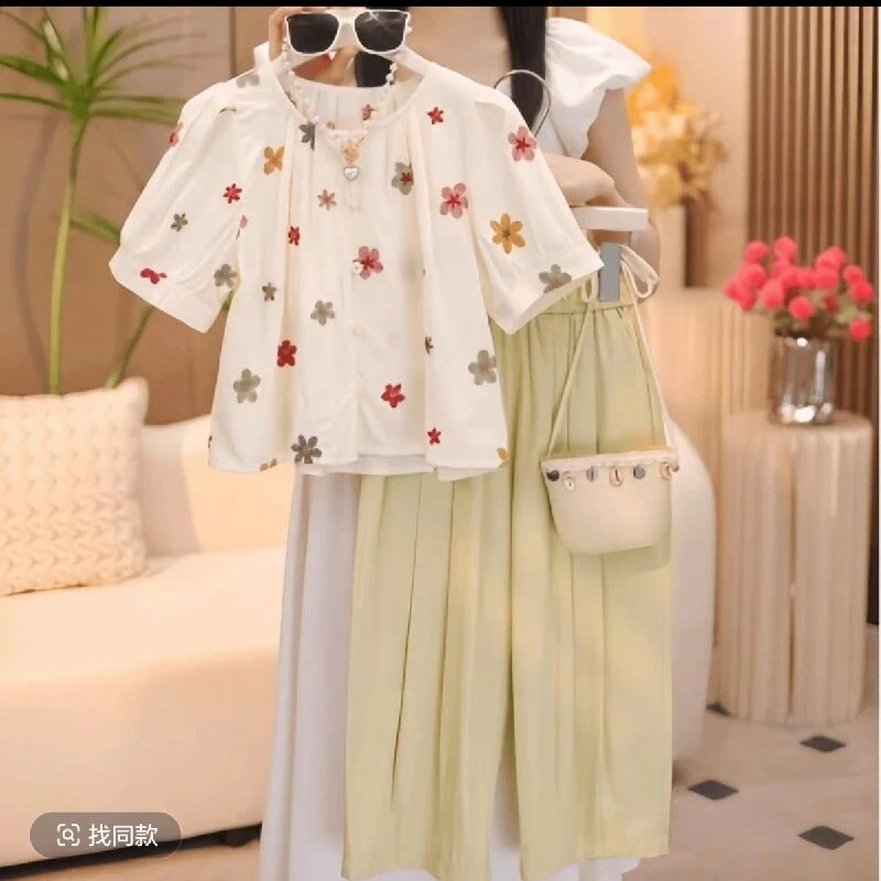 夏季新款女童套装儿童时尚夏装娃娃衫阔腿裤两件套zb5890简约童品