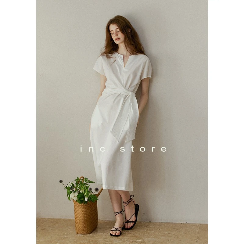 inc store「皎月」白色立裁提花V领纯棉系带连衣裙