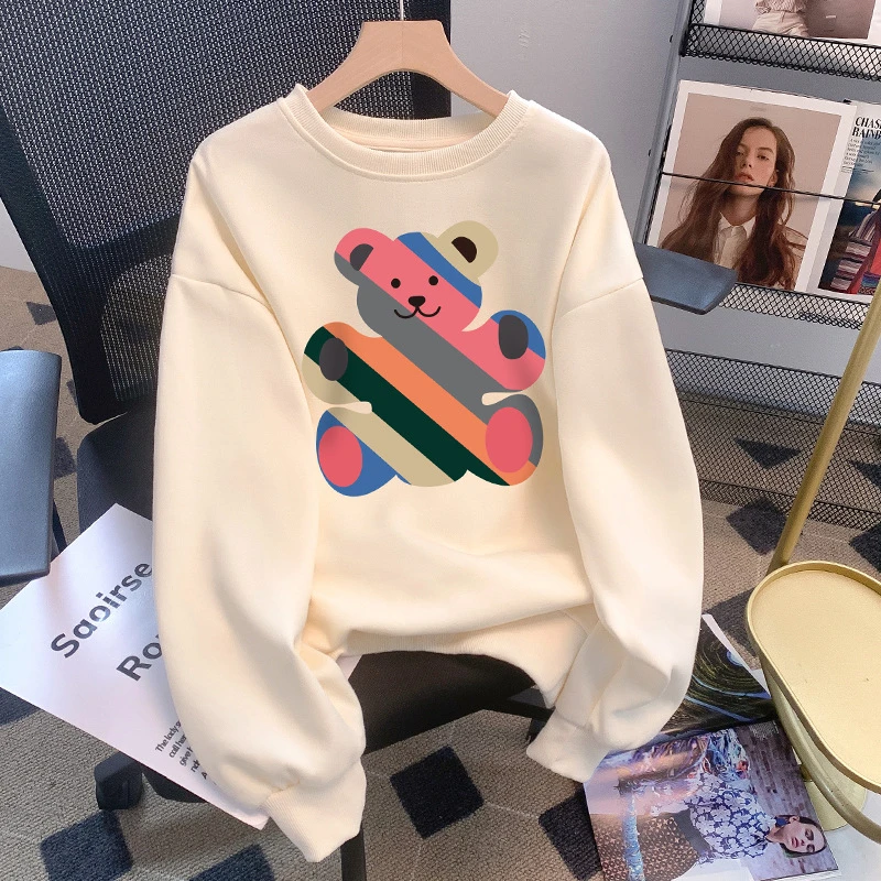 320克华棉复合 外贸可爱趣味撞色小熊印花长袖卫衣女秋季百搭上衣