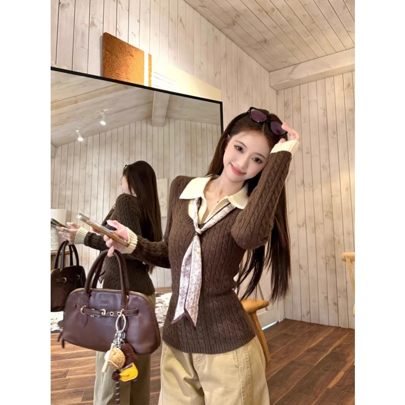韩系咖色翻领polo衫假两件针织衫女冬季气质内搭修身显瘦短款上衣