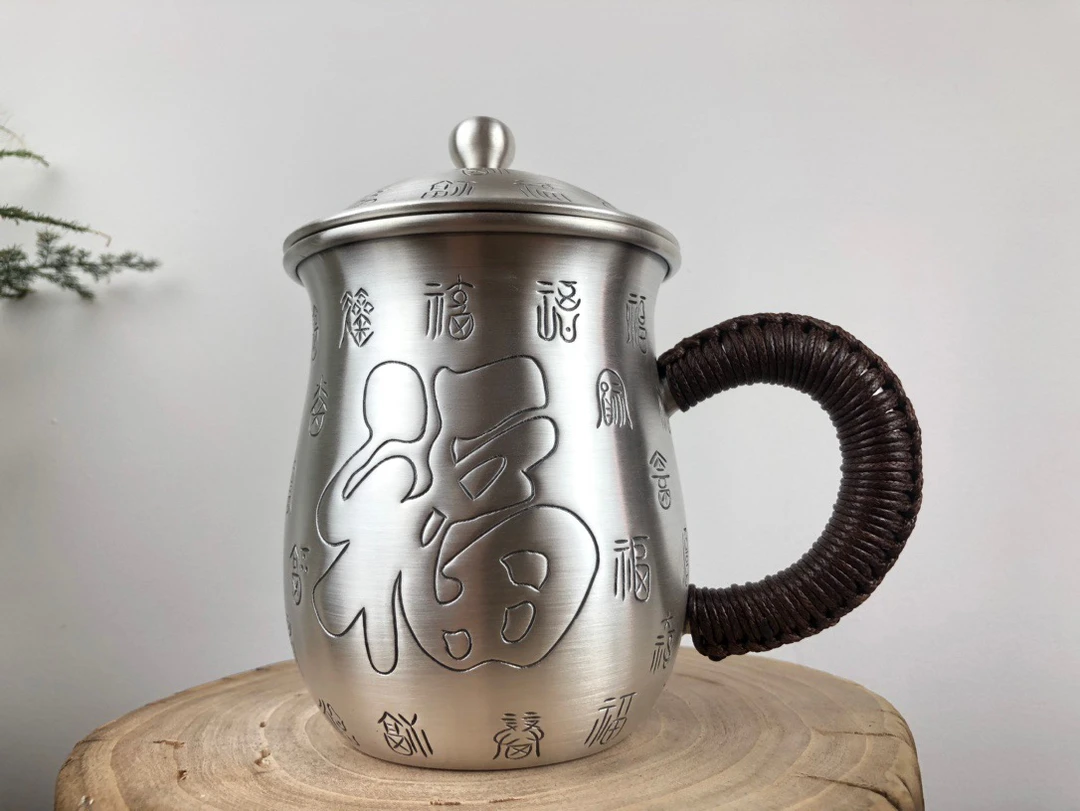 足银999手工牡丹图案茶缸杯办公适用