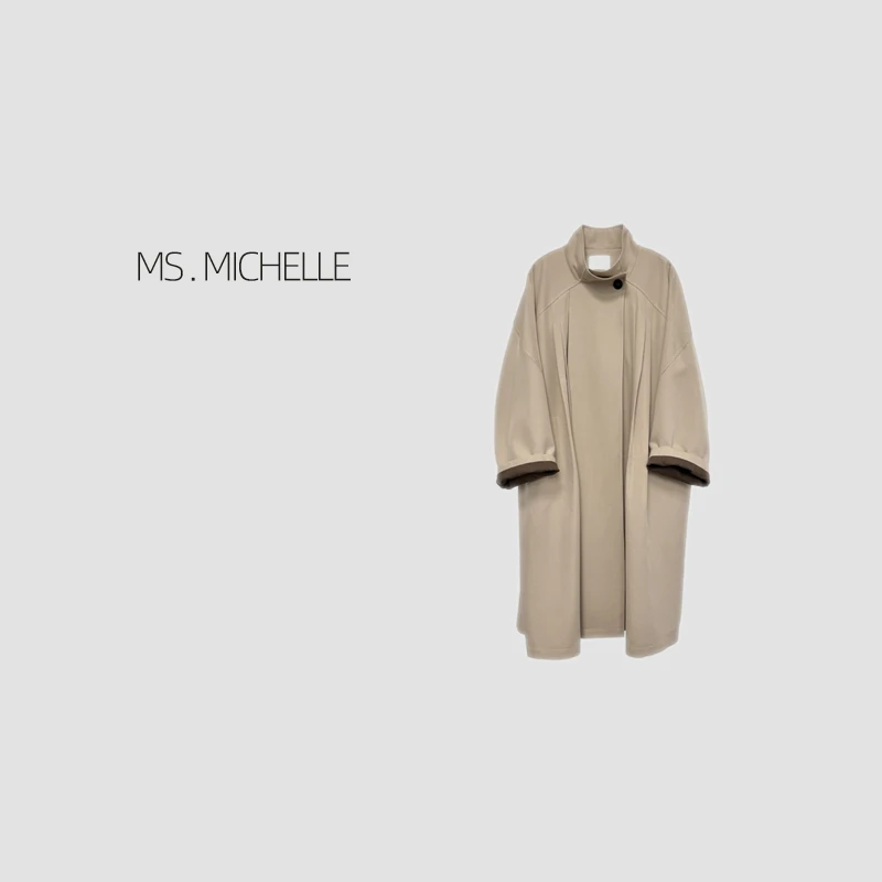 MS.MICHELLE 极简风斗篷式宽松慵懒中长款卡其色风衣6093