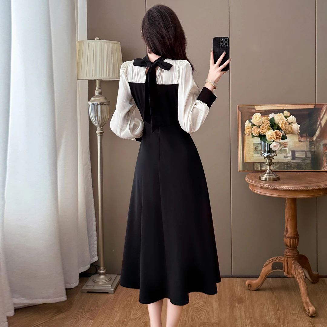 2025秋季新款名媛气质大码蝴蝶结系带撞色拼接收腰显瘦减龄连衣裙