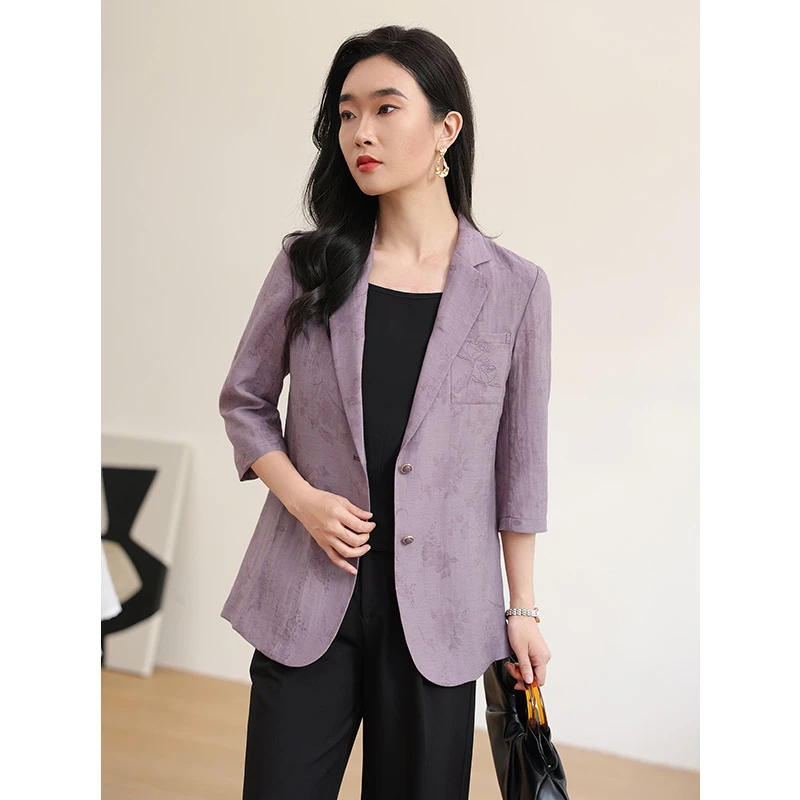 阿吉多紫色绣花七分袖西装外套女2025年新款春秋薄款西服大码外套