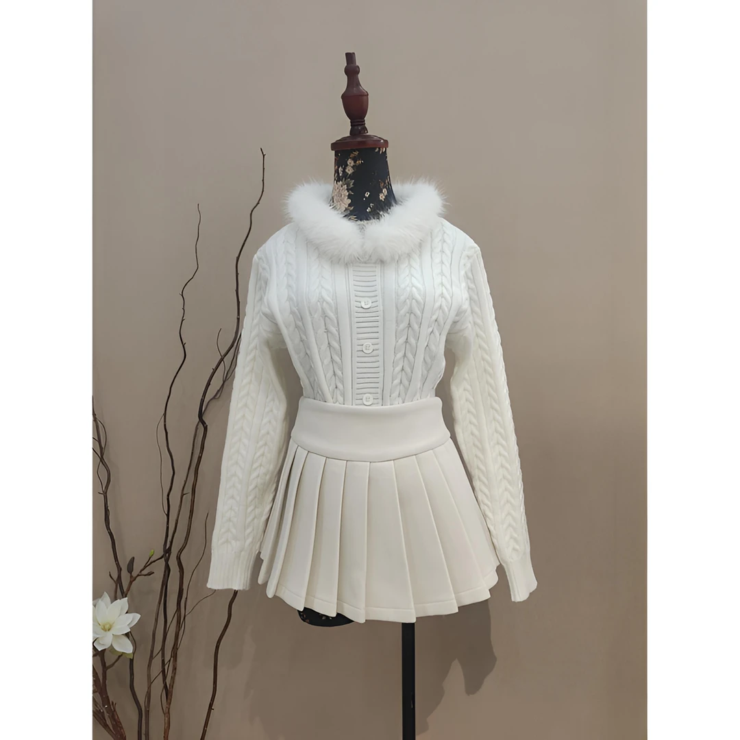 米雪严选一韩系简约麻花冬季百搭毛领修身气质针织衫(配可拆毛领)