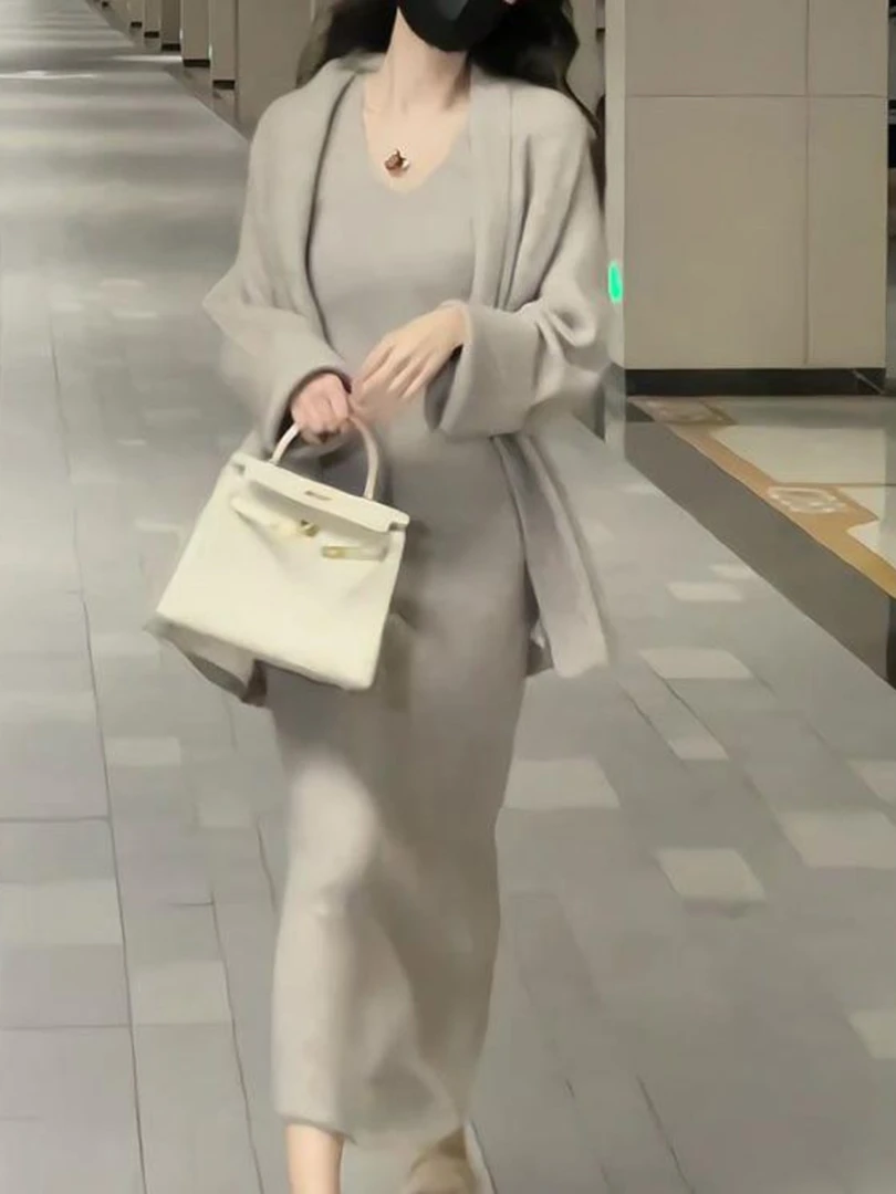 2025秋冬新款慵懒风套装美拉德宽松外套女长款吊带连衣裙两件套厚