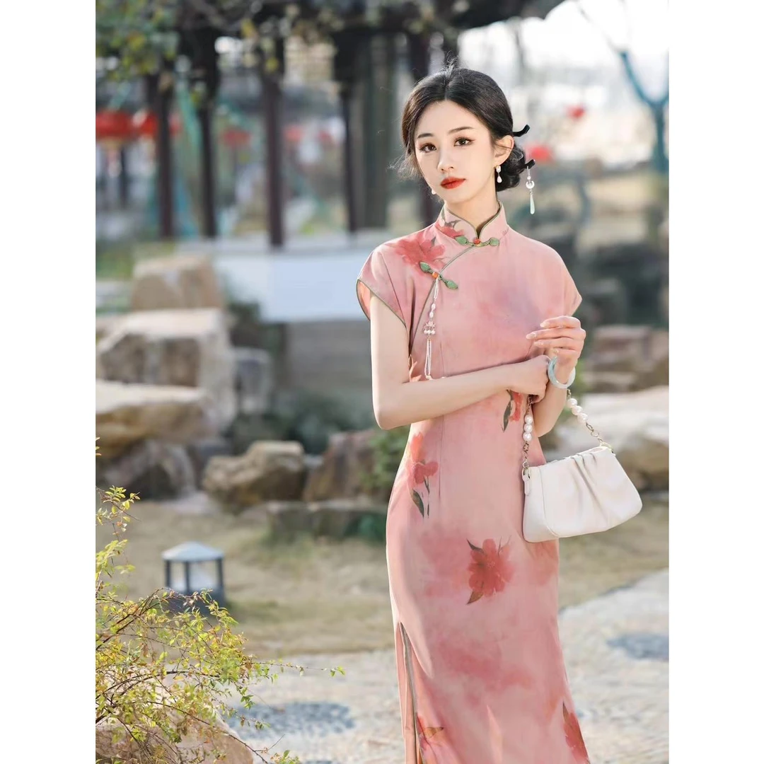 夏款【桃夭】瑞士网纱长款气质复古风日常中国风显瘦旗袍