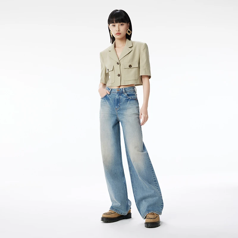 质感美学法式 慵懒温婉风水洗做旧拖地牛仔裤街拍超模女