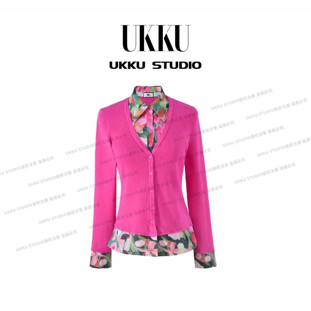 【UKKUSTUDIO】女透气针织拼接保暖毛针织衫设计师修身毛衣615081