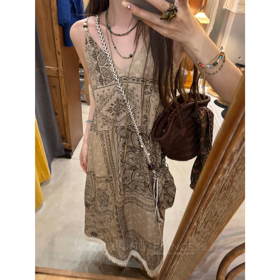 钱美西 亚麻小众民族风串珠吊带连衣裙流苏度假长裙M02587