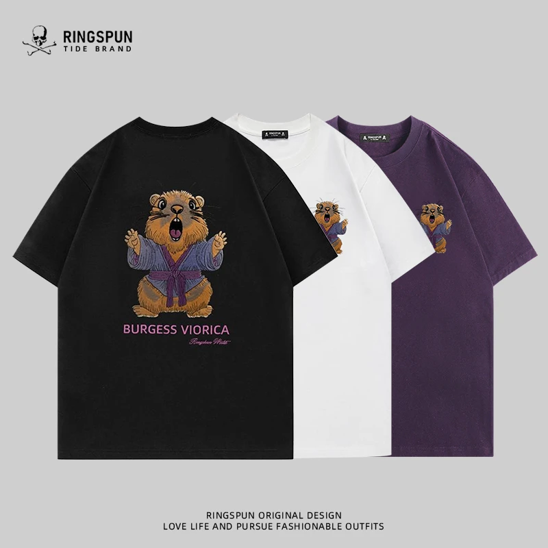 RINGSPUN变色土拨鼠纯棉刺绣短袖t恤男夏季新款重工圆领宽松半袖t