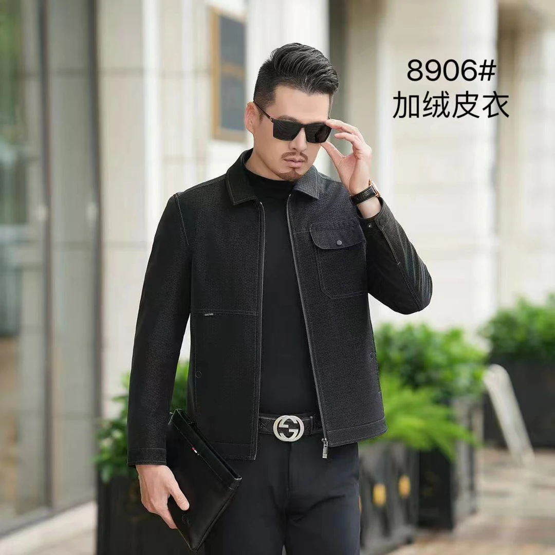 8906加绒保暖翻领秋冬潮流男士休闲商务年轻时尚磨砂PU外套