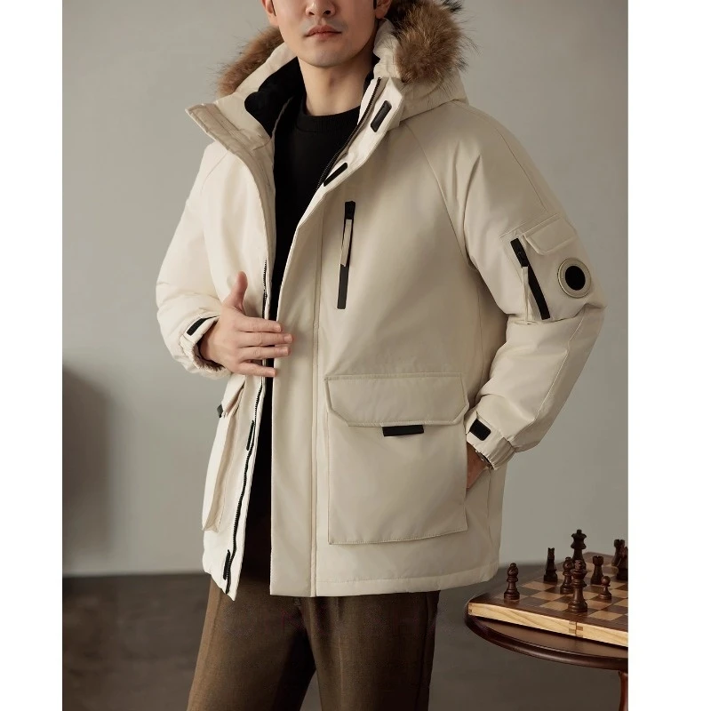 高领毛领连帽羽绒服男士2025新款户外冬季加厚面包服短款外套男款