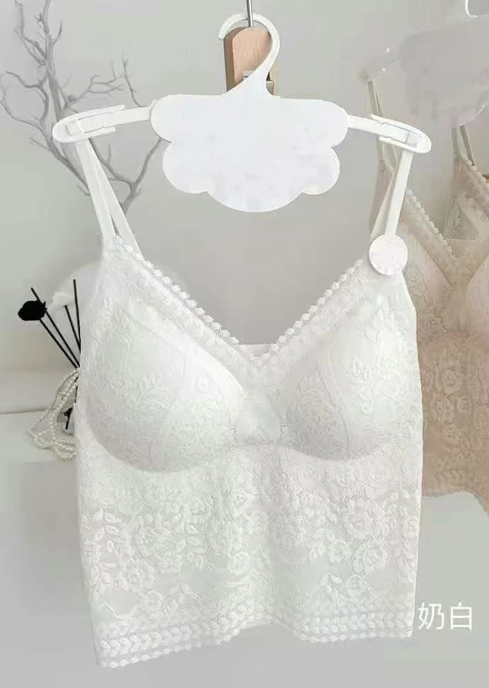 夏季爆款法式蕾丝内衣V领性感无痕美背背心一体带胸垫可外穿背心