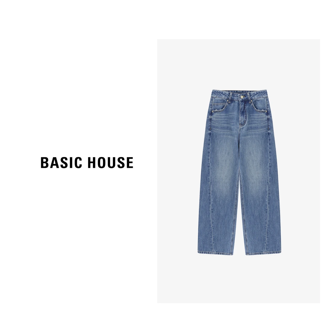 Basic House/百家好秋季时尚潮流直筒宽松女生牛仔裤B06245C4792